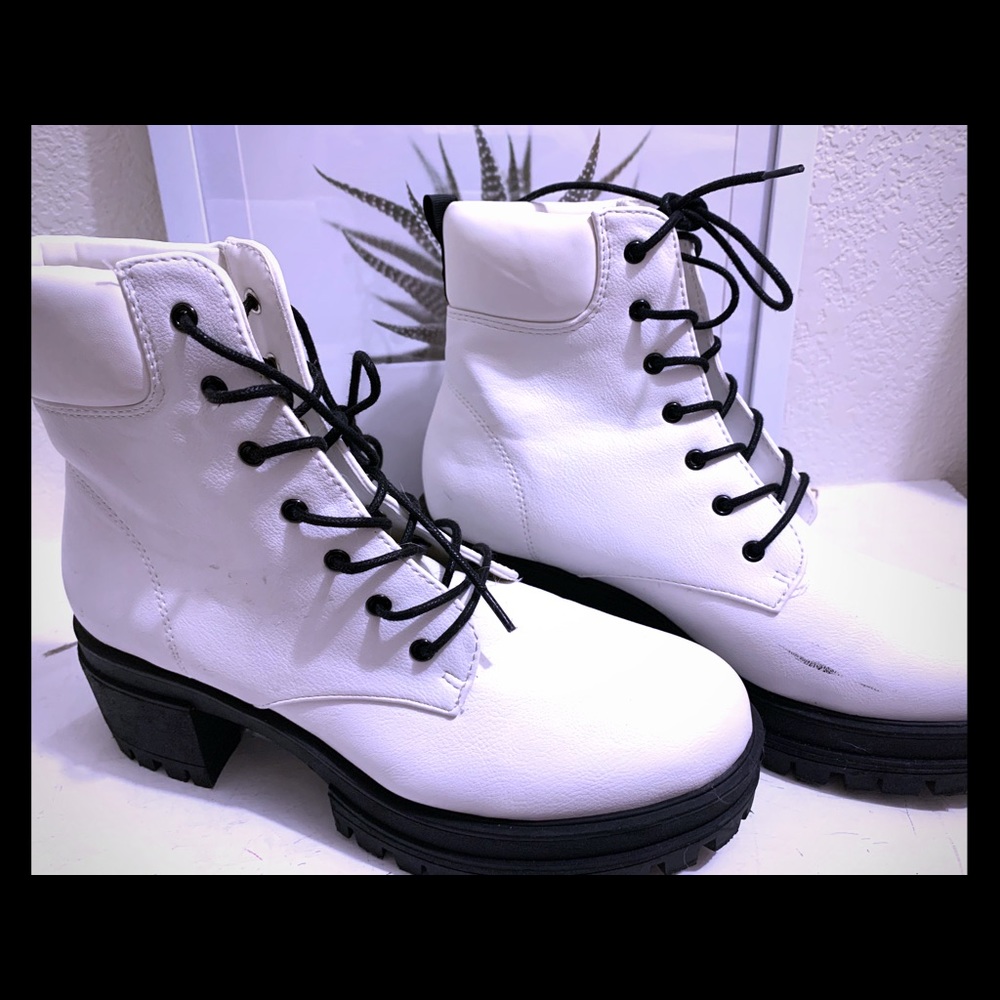 White Faux Leather Combat Boot